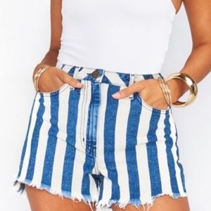 Blue & White Stripe SMYM Denim Shorts